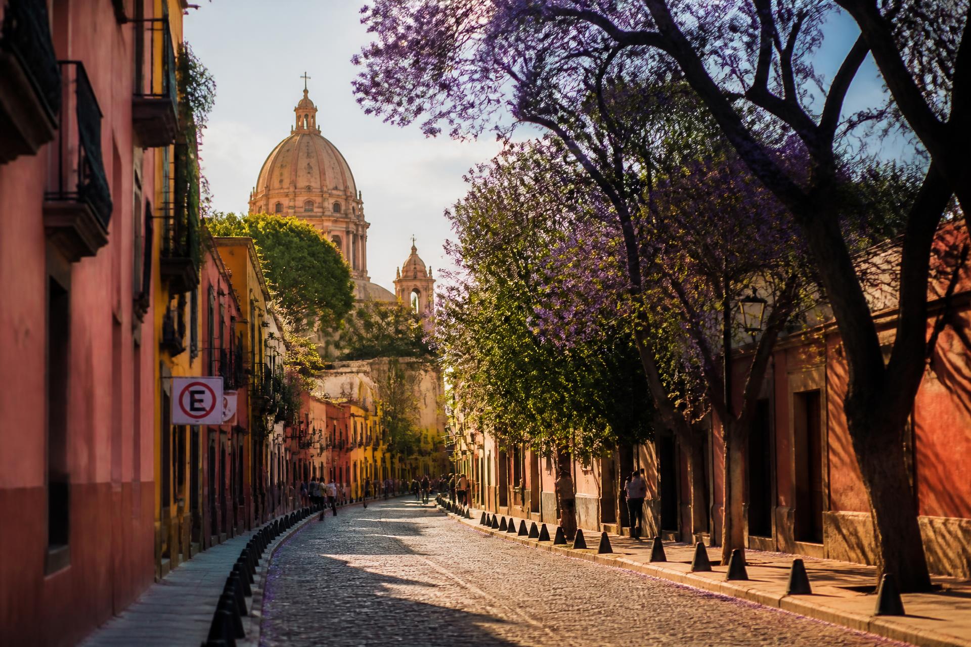 Golden hour on a colorful colonial street lined with jacaranda trees